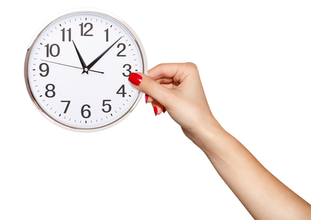 Human Hand Holding Clock Time isolated on whiteの写真素材