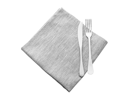 Cutlery and napkin isolated on white. Mock up napkins for design. Napkins top view square.の写真素材