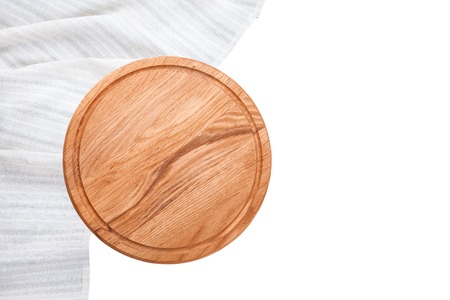 Pizza board with white table cloth isolated. Top view mockup.の写真素材