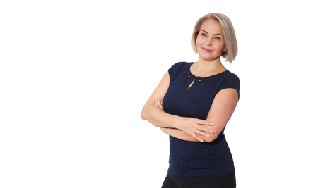 Happy woman emotionally posing in studio.の写真素材