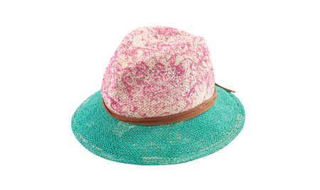 Pretty straw hat with ribbon and bow on whiteの写真素材