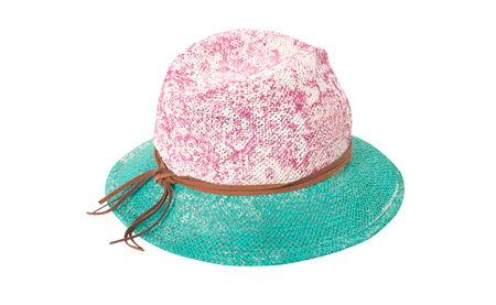 Pretty straw hat with ribbon and bow on whiteの写真素材