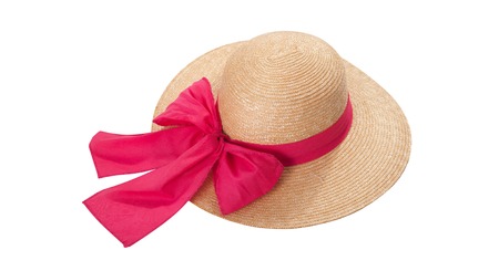 Pretty straw hat with ribbon and bow on whiteの写真素材