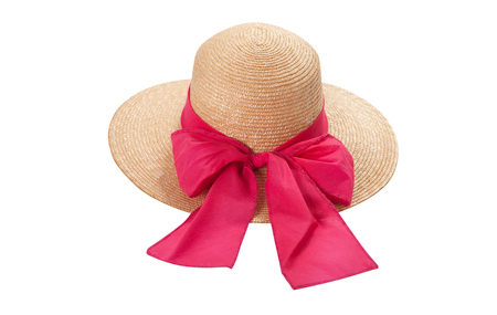 Pretty straw hat with ribbon and bow on whiteの写真素材