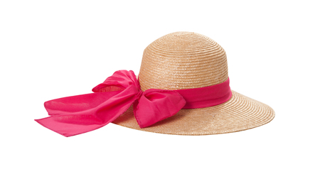 Pretty straw hat with ribbon and bow on whiteの写真素材
