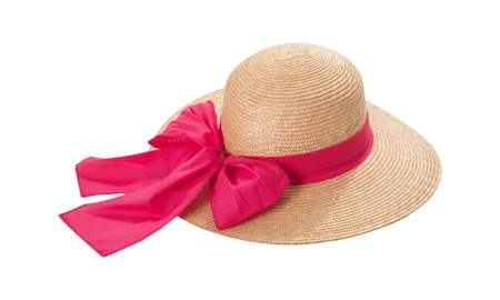 Pretty straw hat with ribbon and bow on whiteの写真素材
