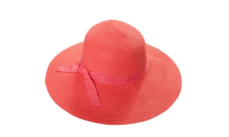 Pretty straw hat with ribbon and bow on whiteの写真素材