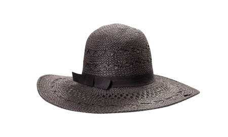 Pretty straw hat with ribbon and bow on whiteの写真素材