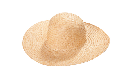 Pretty straw hat with ribbon and bow on whiteの写真素材