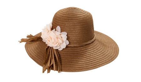 Pretty straw hat with ribbon and bow on whiteの写真素材