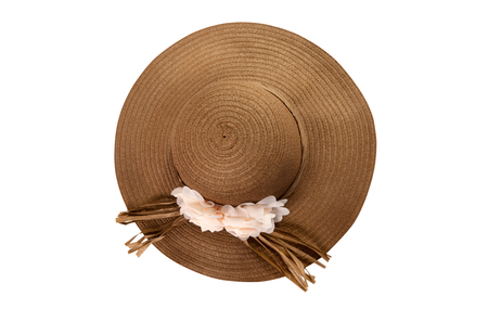 Pretty straw hat with ribbon and bow on whiteの写真素材