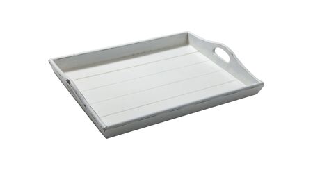 White tray top view. Vintage wooden tray with wooden handles isolated on whiteの写真素材