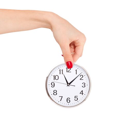 Human Hand Holding Clock Time isolated on whiteの写真素材