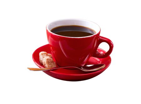 Red cup of tasty coffee isolated on white backgroundの写真素材