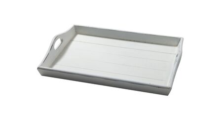 White tray top view macro. Vintage wooden tray with wooden handles isolated on white backgroundの写真素材