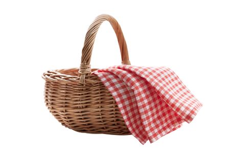 Red napkin and picnic basket isolated on white. Mockupの写真素材