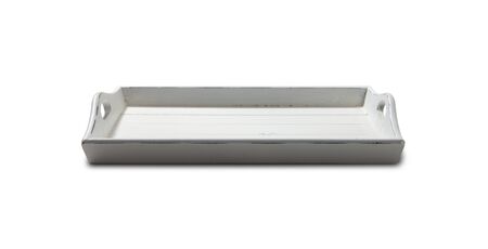 White tray top view. Vintage wooden tray with wooden handles isolated on white backgroundの写真素材