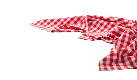 Red and white checkered tablecloth isolated. Napkin close up top view mock upの写真素材