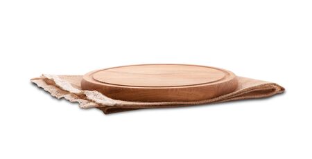 Napkin and board for pizza isolated closeup. Canvas, dish towelst op view mock up. Selective focus.の写真素材