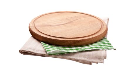 Board for pizza and tablecloth isolated on white. Canvas, dish towels on white background top view mock up. Selective focus.の写真素材