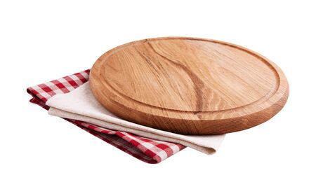 Napkin and board for pizza isolated on white. Canvas, dish towels on white background top view mock up. Selective focus.の写真素材