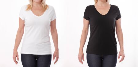 T-shirt design and people concept - close up of woman in blank black and white t-shirt, shirt front isolated. Mock up.の写真素材