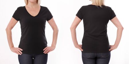 T-shirt design and people concept - close up of woman in blank black t-shirt, shirt front and rear isolated. Mock up.の写真素材
