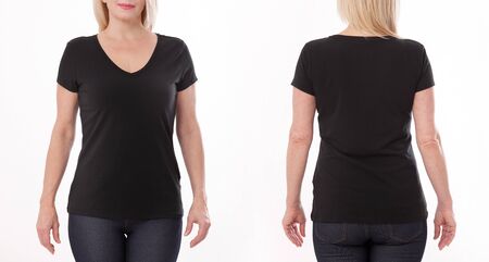 T-shirt design and people concept - close up of woman in blank black t-shirt, shirt front and rear isolated. Mock up.の写真素材