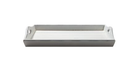 White tray top view macro. Vintage wooden tray with wooden handles isolated on white backgroundの写真素材