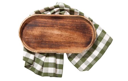 Wooden plate or tray, or pizza board, with tablecloth isolated. Top view mockupの写真素材