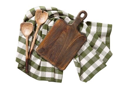 Cutting board and napkin isolated on white. Empty tray mock up for design. Top view.の写真素材