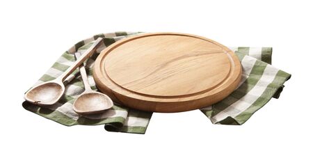 Wooden plate or tray, or pizza board, with tablecloth isolated. Top view mockupの写真素材