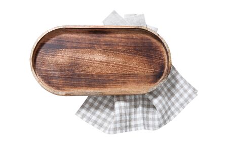 Wooden tray and napkin on white wooden table. Empty tray. Mockup for design. Top view.の写真素材
