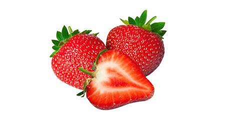 Ripe fresh strawberries were placed on white backgroundの写真素材
