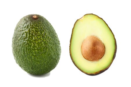 Avocado and slice isolated on white background. One slice with core. Design element for product label. Macro, clear focusの写真素材