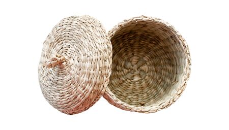 Wicker box isolated on white background. Bathroom accessories closeup top view.の写真素材