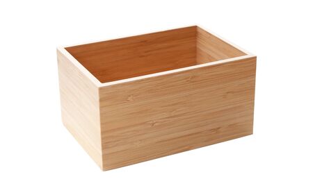 Empty wooden box for your packaging isolated on white background closeup top view.の写真素材