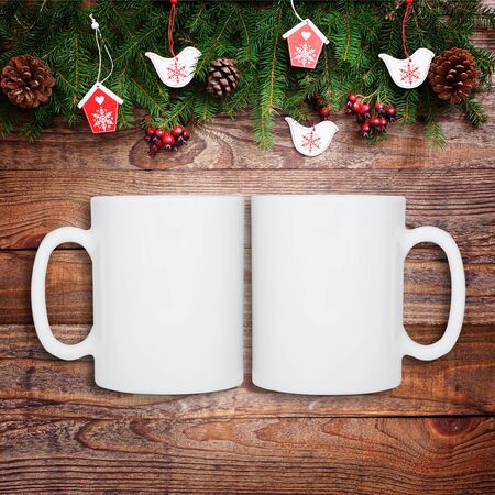 Winter mug mockup, blank white cup. Christmas background. Top viewの写真素材