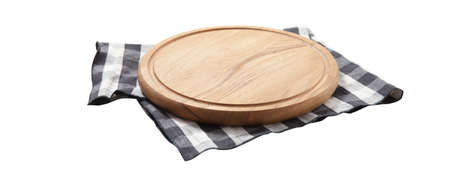 Empty pizza board and tablecloth on wooden deck table with napkin top view mockupの写真素材