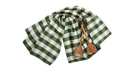 The background made from checkered napkin on wooden tableの写真素材