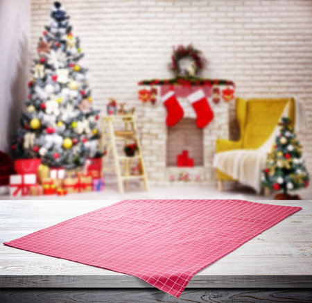Empty pizza board and red napkins isolated on whiteの写真素材