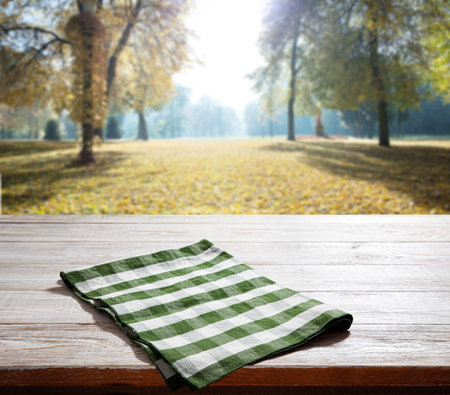 Napkin. Tablecloth tartan, checkered, dish towels on wooden table perspective. Summer background.の写真素材