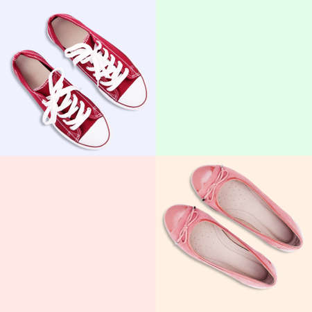 Red gumshoes with white shoelaces and pink shoes on colorful background.の写真素材