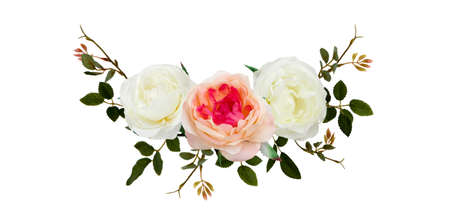 Pink roses on white background. frame wreath top view. flat lay.の写真素材