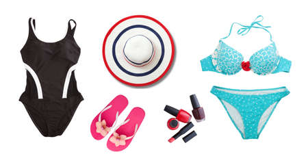 woman swimsuit, hat and flip flops summer accessories isolated on white background setの写真素材