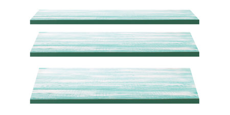 Wooden shelves isolated on whiteの写真素材