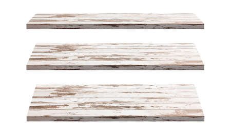 Wooden shelves isolated on whiteの写真素材
