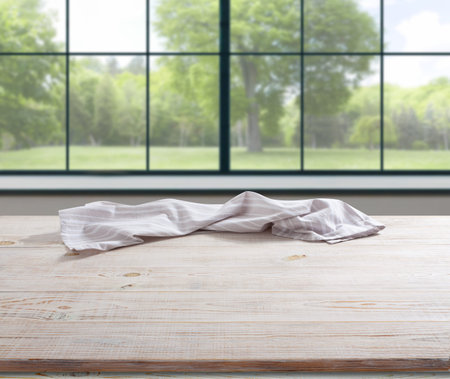 White napkin, table cloth on wooden deck mockup. Kitchen interior backgroundの写真素材