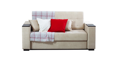 Colorful pillow on sofa isolated on white background. Mockup front view.の写真素材