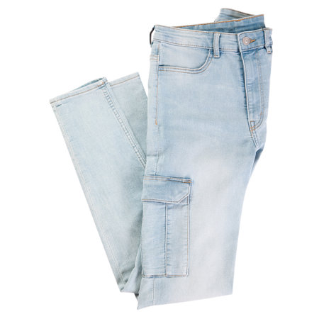 Folded blue jean isolated on white background, close up.の写真素材
